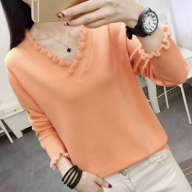 Solid Color Wild V-neck Sweater Knitted Bottoming Long-sleeved Loose Pullover Sweater