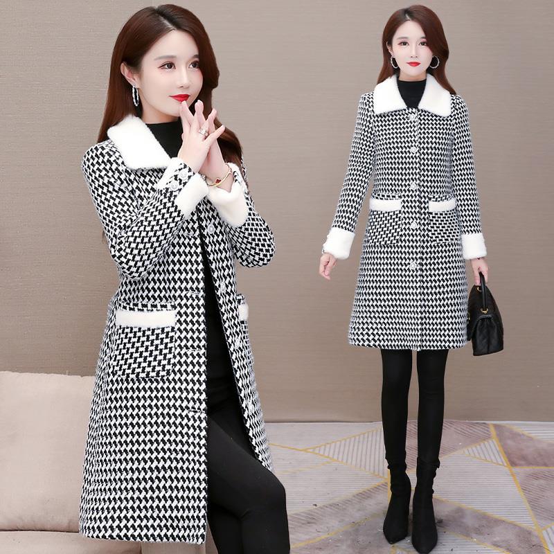 Women's Woolen Coat Mid-length Windbreaker Autumn and Winter Large Size Slim and Thin Western Style Houndstooth Coat Women