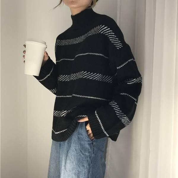 Pofulove Autumn Winter Pullover Striped Turtleneck Short Sweater Female Loose Long-sleeved Sweater