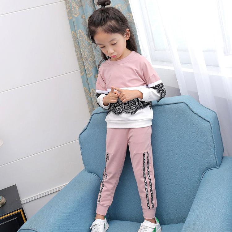 Children's Spring and Autumn 2-piece Sports Suit Korean Lace Stitching Top + Striped Letter Printed Trousers Set