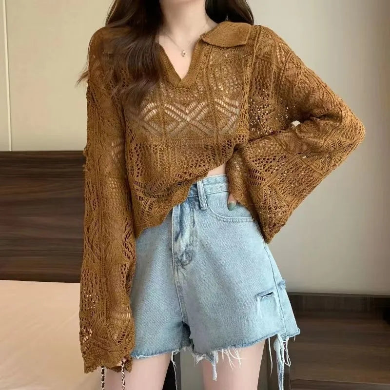 Side of The Blouse Drops Long-sleeved Short Sunscreen Hollow Sweater Girl