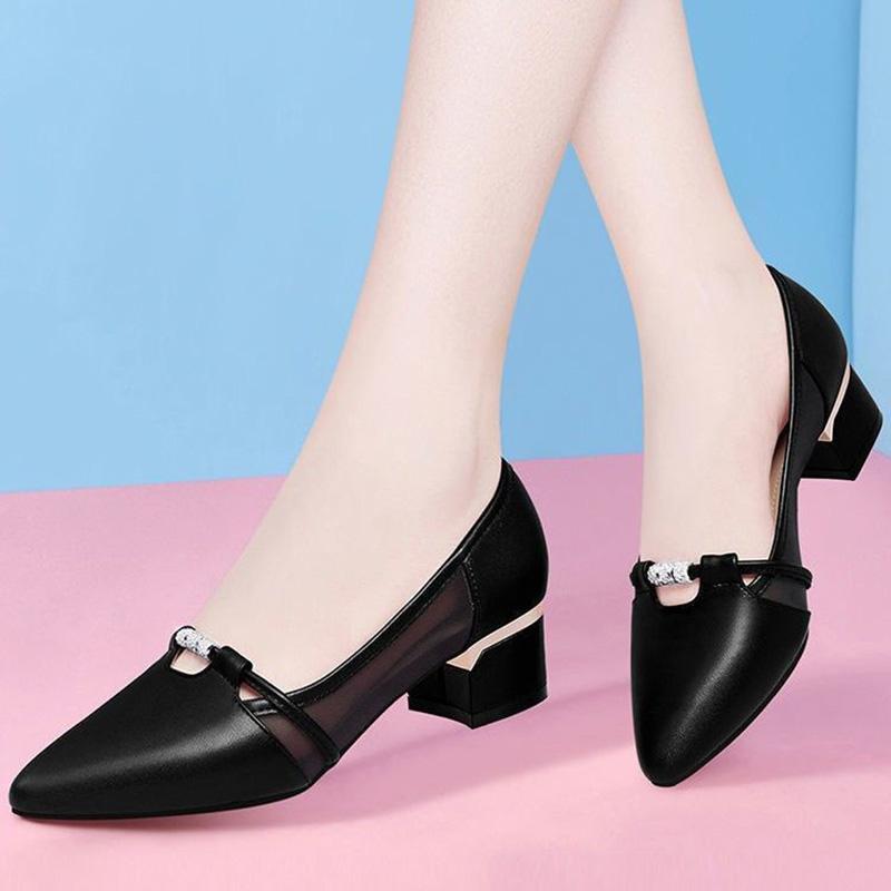 Real Soft Leather Single Shoes Women Spring and Autumn Mesh Breathable Thick Heel Small Leather Shoes British Style Shallow Mouth Work Shoes