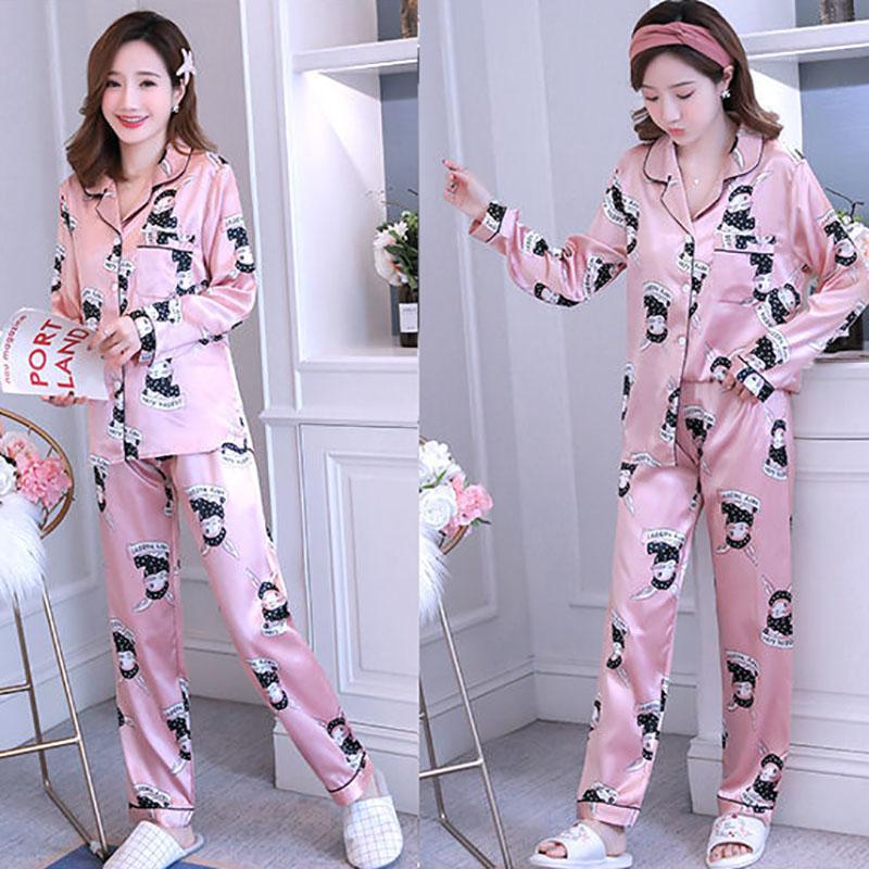 Spring and Autumn Ice Silk Long-sleeved Thin Women's Pajamas Sexy Korean Style Cute Spring and Summer Plus Size Two-piece Suit