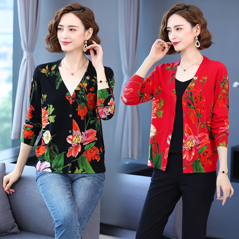 Autumn and Winter Printed Cardigan Women's Plus Size Casual Sweater Coat High-end Wool Sweater