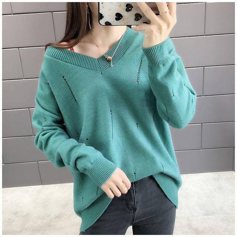 Spring and Autumn Loose V-neck Sweater Solid Color Hollow Top Long Sleeve All-match Female Top