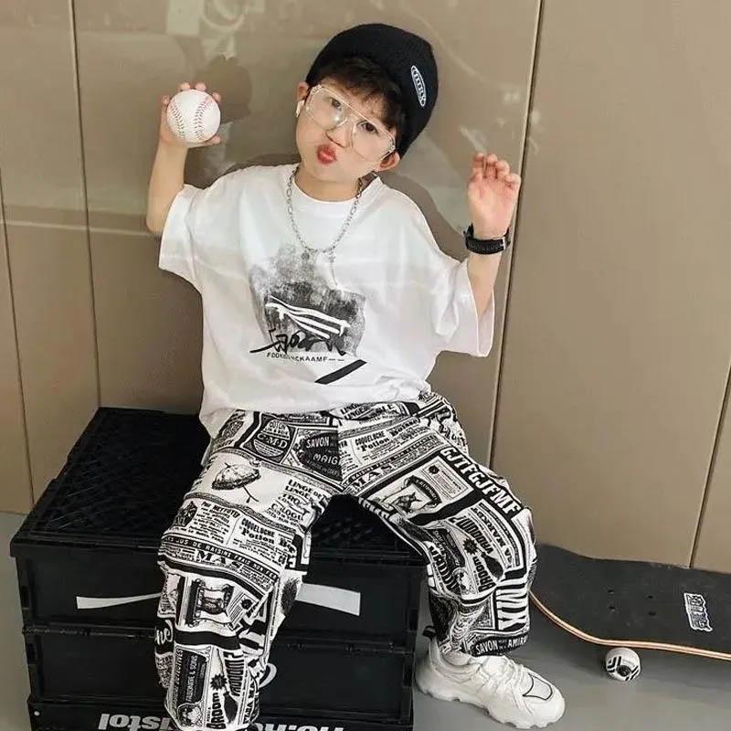 Boys Cotton Short Sleeve Summer Thin Breathable Graffiti Top + Printed Loose Pants Casual Children's Two-piece Set