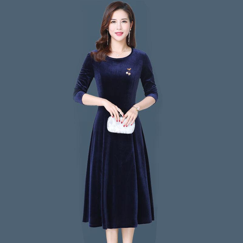 Dress Round Neck Gold Velvet Women's Mid-length Slim Fit Covering Belly Plus Size Mother Skirt Women's Clothing