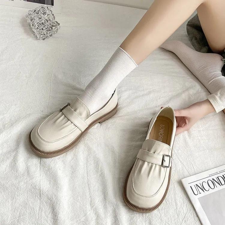 Female Retro British Style Black Leather Shoes Girls Spring Autumn Summer Flat Slip-on Single Shoes Casual Mother Home Shoes