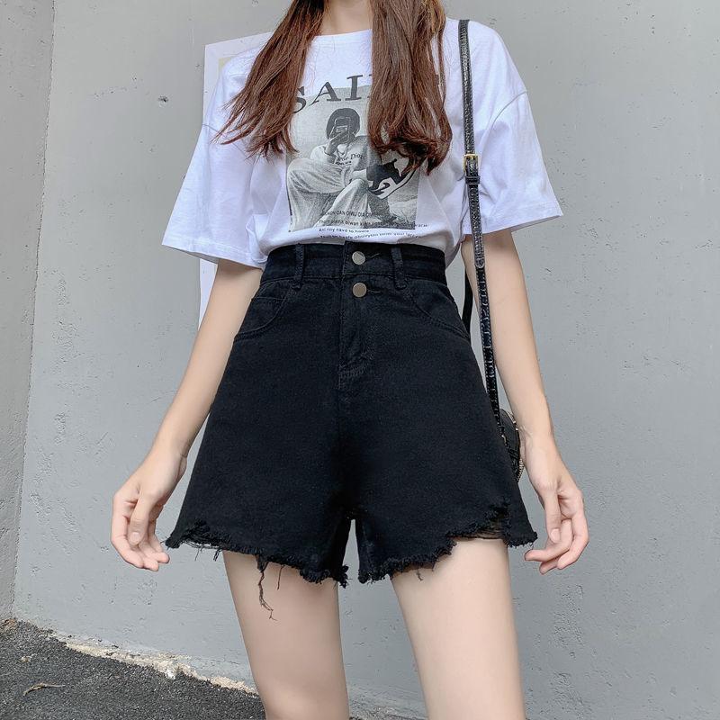 Denim Shorts Women's High Waist Summer Korean Style Loose and Thin A-line Ripped Pants