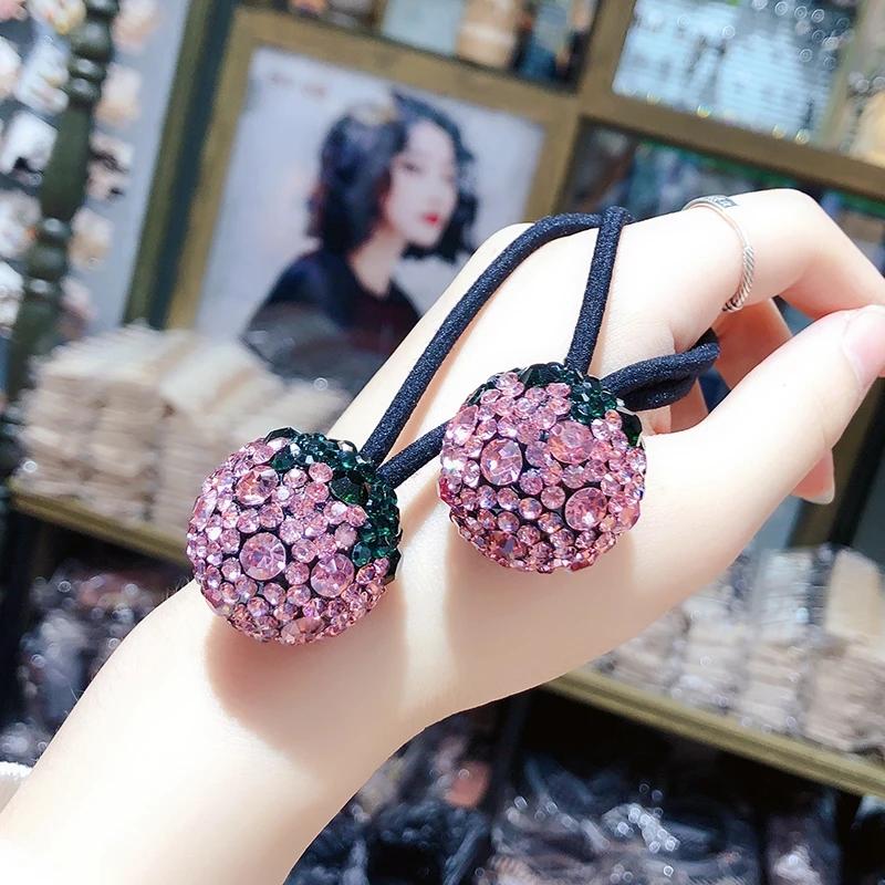 Girl Inlaid Drill Rope Korean Strawberry Double Ball Drill Ball Rubber Band High-end Elegant Large Drill Ball Tie Head Rope Ponytail Tie Rope