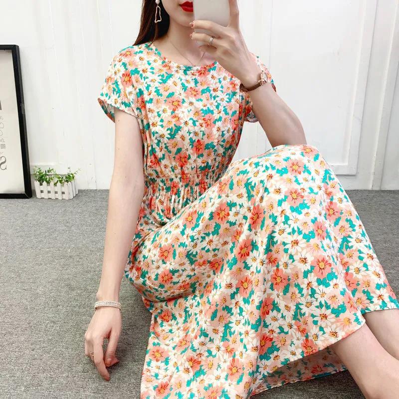 Plus Size Long Dress Casual Comfort Cotton Dresses Daisy Print Short Sleeve Dress Summer