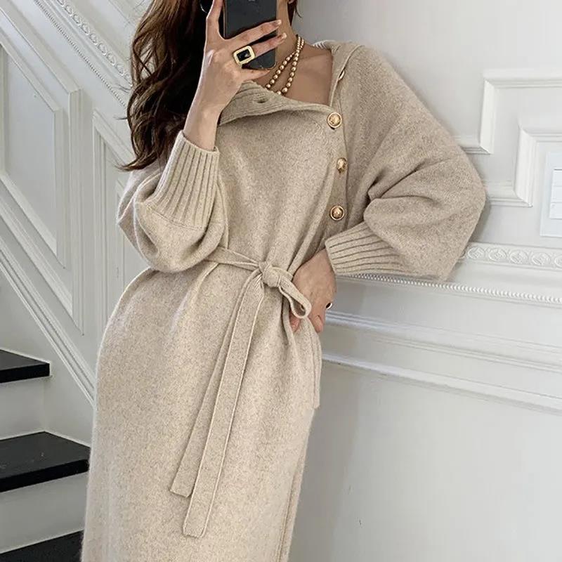 Women Autumn and Winter French Warm  Elegant Long-sleeved Lace-up Sweater Base Dress