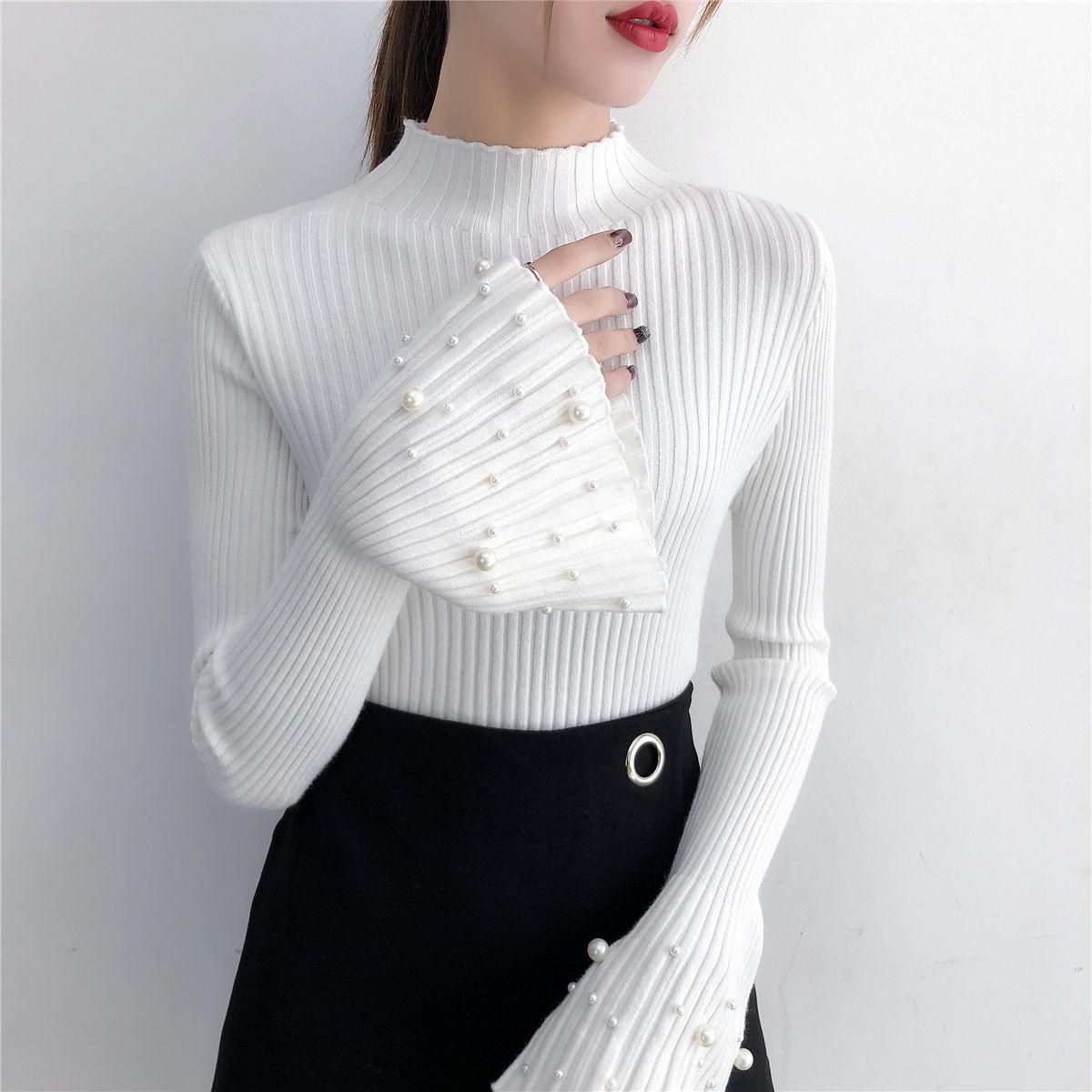 Trumpet Sleeves Pullover Sweater Women's Long-sleeved Slim Beaded Sweater Bottoming Shirt