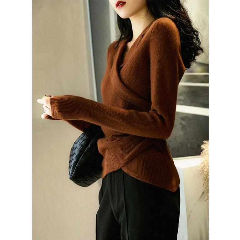 Autumn and Winter V-neck Crossover Ladies Sweater Elegant Temperament Gentle Knit Sweater Wear All-match Waist Casual Loose Shirt