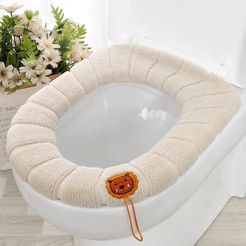 Winter Warm Toilet Seat Cover Closestool Mat 4Pcs Washable Bathroom Accessories Knitting Pure Color Soft O-shape Pad Bidet Cover