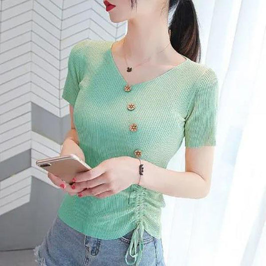 Women Slim Knit Sweater V-neck Pullover Temper Elegant T-shirt Casual Comfortable Shirt Summer