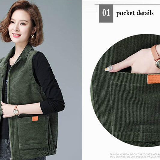 Spring and Autumn Middle-aged Vest Female Mothers Wear Lapel Outer Wear Corduroy Vest Solid Color Sleeveless Jacket