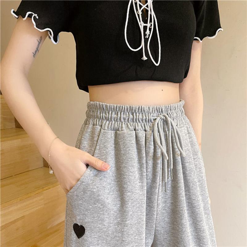 Gray Tie Pants Loose Love Sports Pants Women's Spring and Summer Loose Casual Straight-leg Student Pants