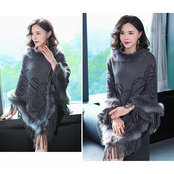 Autumn Winter Imitation Fox Fur Cloak Shawl Batwing coat Women's Faux Fur Coat Plus Size Tassel  Sweater Coat Mid-length