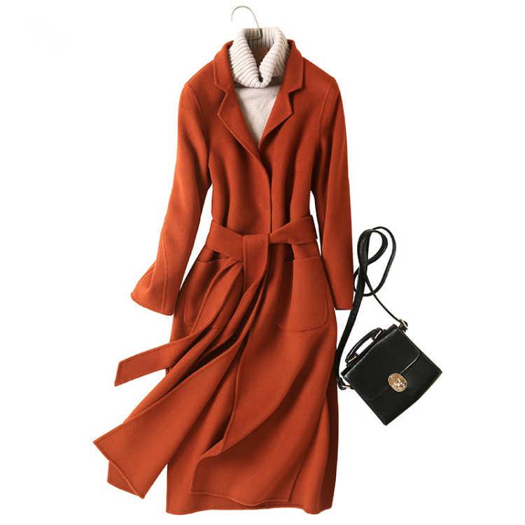 Women's Coat Fashion Wool Double-sided Cashmere Coat Woolen Overcoat Elegant Women Jacket with Belt