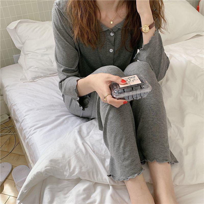 Women's Spring Autumn Long-sleeved Pajamas Set Loose Simple Lotus Leaf Collar Buttons Casual Thin Homewear Two-piece Set Solid Sleeping Suit