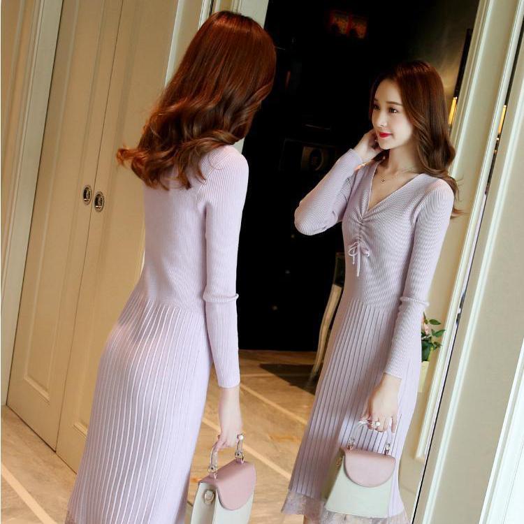 Fashion Padded V-neck Ladies Dress Mid-length Over-the-knee Bag Hip Skirt Bottoming Knit Sweater Skirt