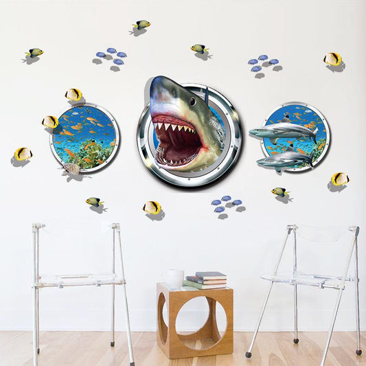 Bathroom decoration pvc wall sticker shark 3D transparent PVC removable fish wallpaper