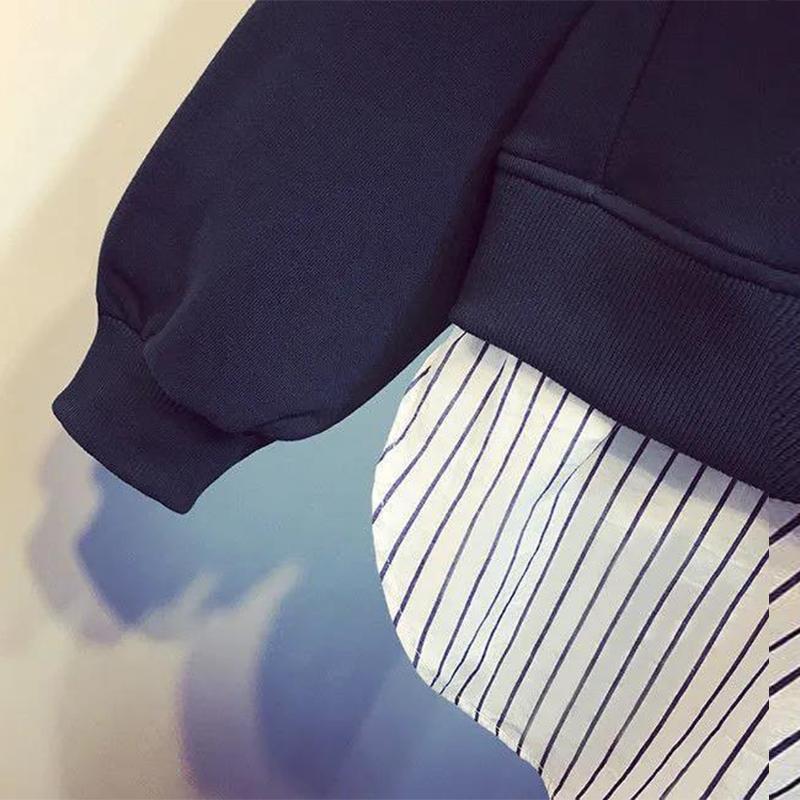 Autumn and Winter Color Matching Fake Two-piece Round Neck Long-sleeved Sweater Loose Striped Stitching Top Coat Women