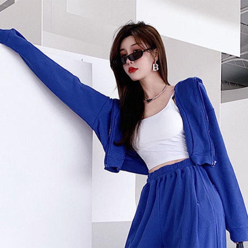 Sports Waffle Suit Women's Loose Casual High Waist  Blue Wide Leg Sweatpants Spring and Autumn Tide Two-piece Suit