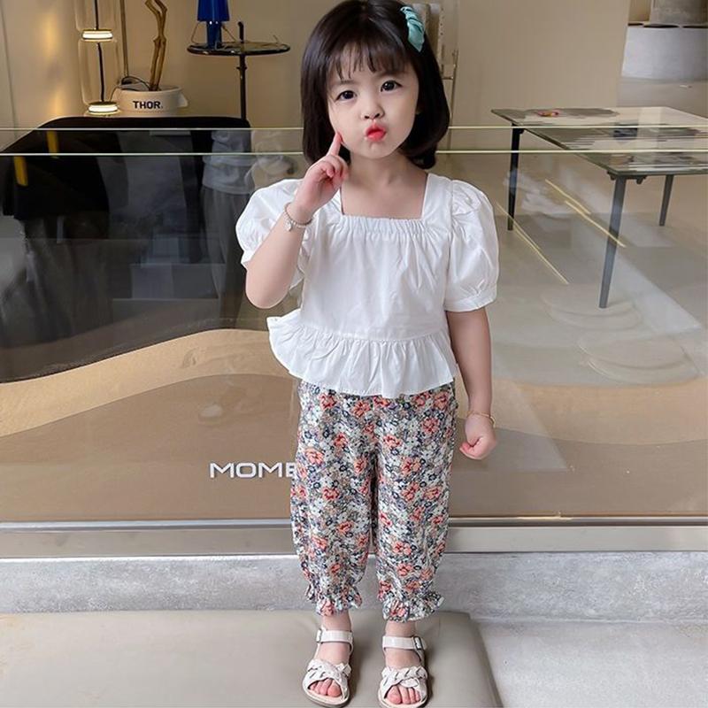 Kids' Suit Summer Thin Girls' Korean Version Floral Print T Shirt Mosquito Proof Pants Childer Two Piece Set