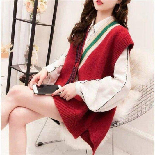 Loose Age Reduction Vest Women's V-neck Knitted Sleeveless Sweater Student Jacket Cardigan All-match