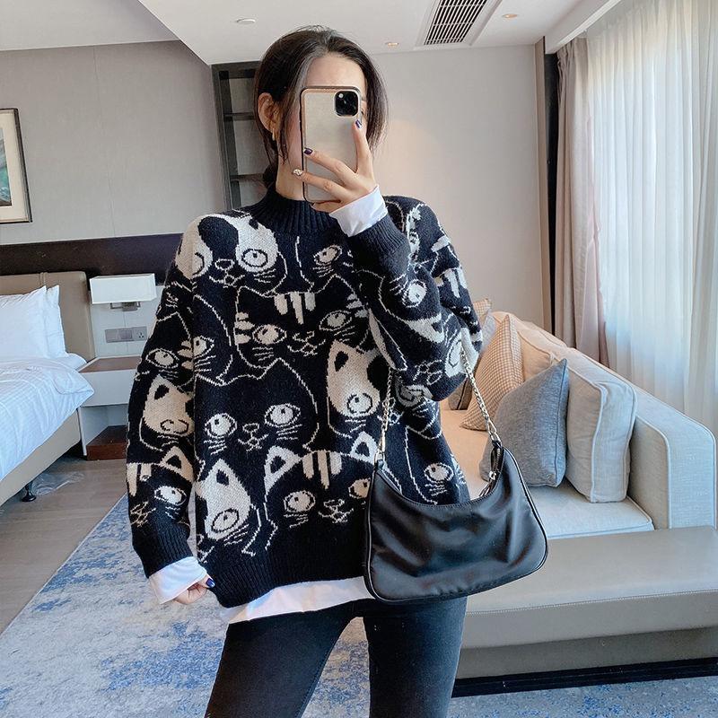 Autumn Winter  Women Fashion Sweater Casual Knitting Sweater Print Round Neck Pullovers Loose Casual Long Sleeve Sweater