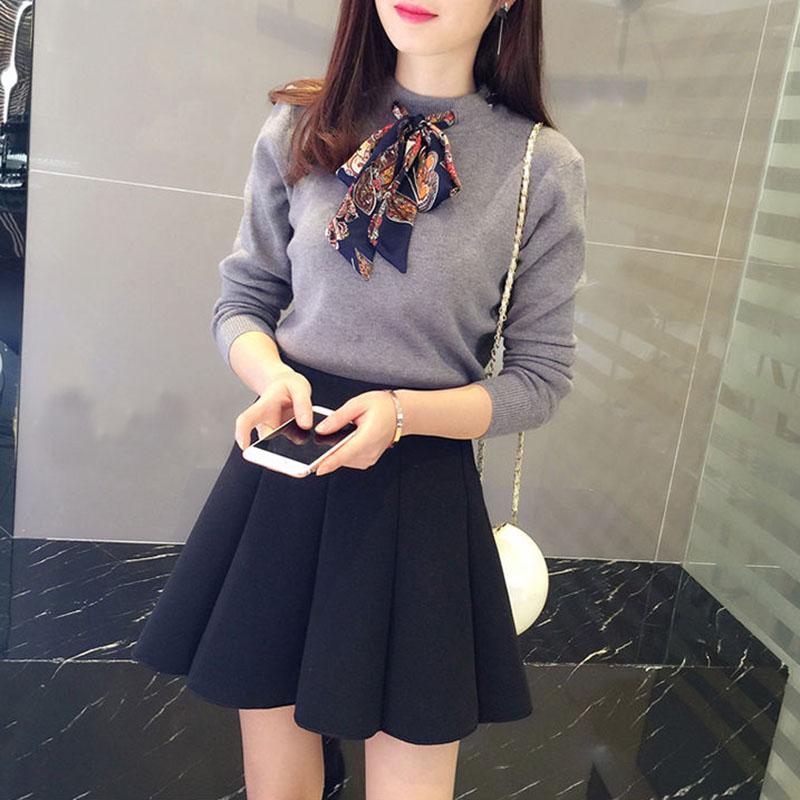 Autumn and Winter Knitted Long-sleeved Sweater Pullover Solid Color Round Neck Blouse Bow Tie Fashion Women's Bottoming Shirt