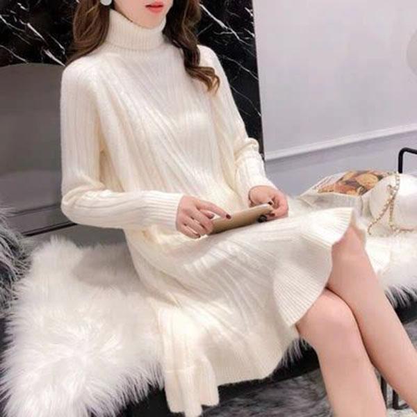 Autumn and Winter Mid-length Ruffled Bottoming Skirt Slim High-collar Knit Sweater Dress Fashionable Hip Women Sweater Dress