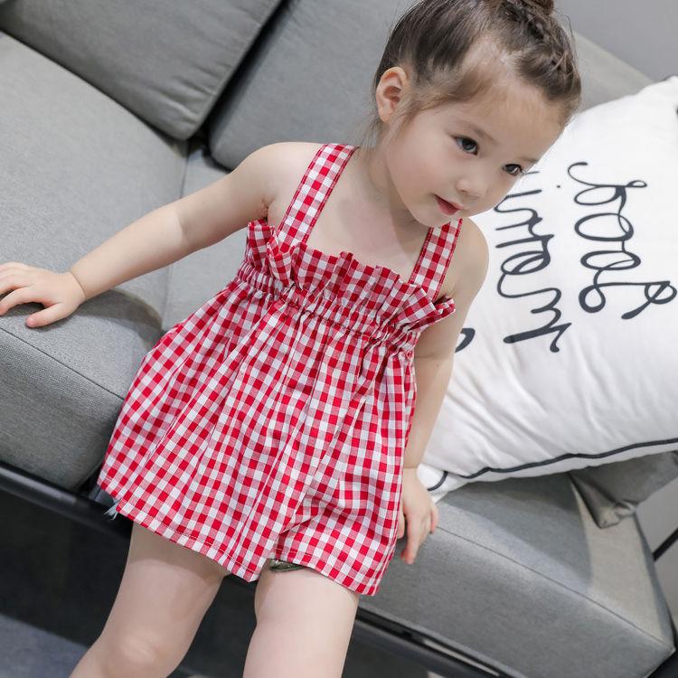 Children Dress Girls Summer Thin Sling Dress Plaid Sleeveless Back Cross Princess Dress Ruffle A-line Dress Suspender Dress