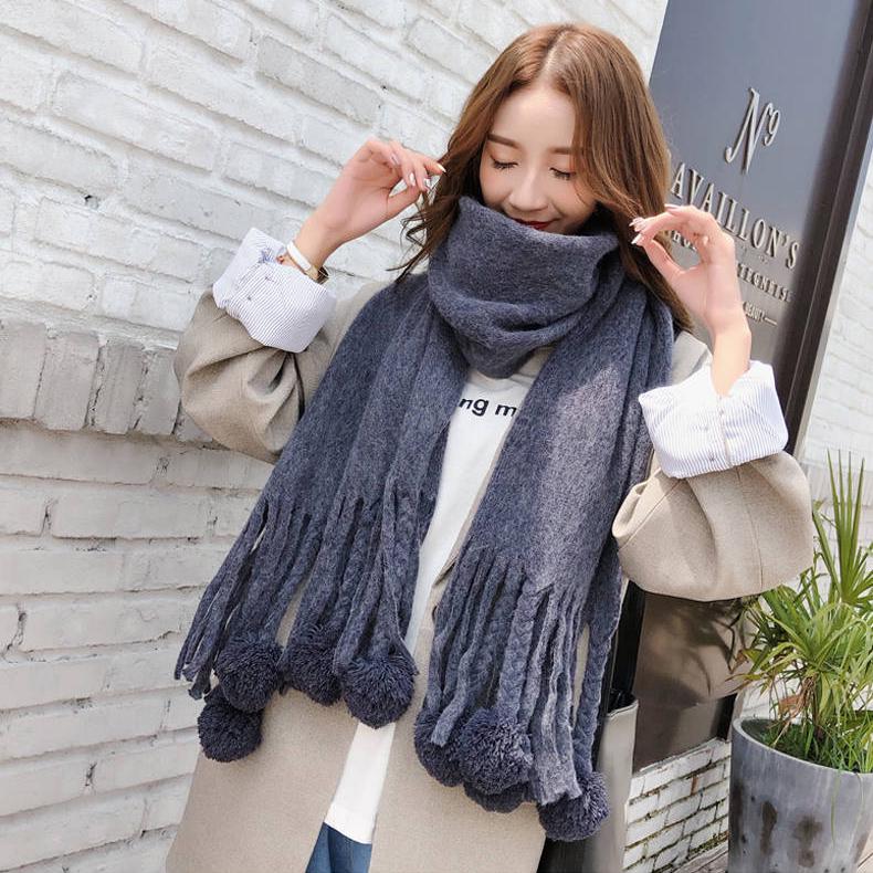 Scarf Female Autumn and Winter Fur Ball Tassel Thick Warm Plaid Shawl Scarf