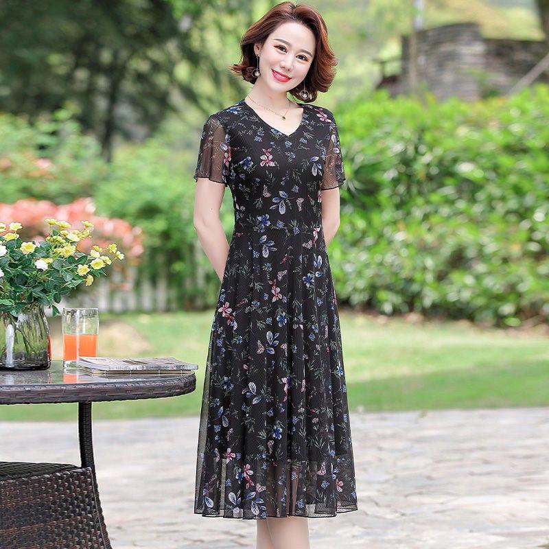 Summer Chiffon Mid-length Plus Size Printed Floral Over-the-knee Dress V-Neck Short Sleeve Elastic Waist