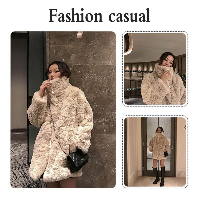 Lamb Fur Coat Female Autumn and Winter Long Horn Buckle Imitation Rex Rabbit Plush Coat