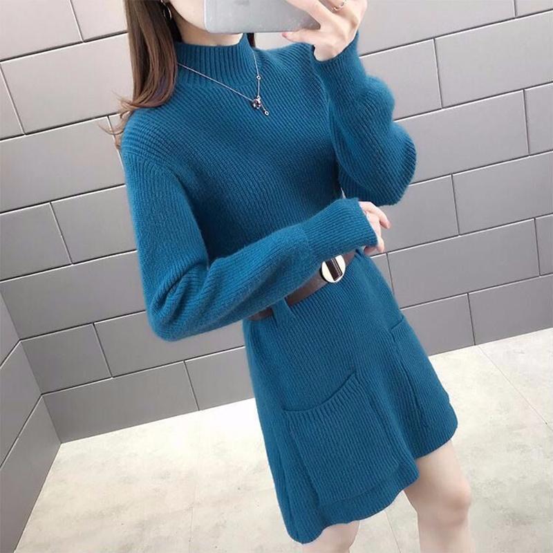 Korean Style Loose Outer Wear Mid-length Sweater Women Waist Slim Half Turtleneck Long Sleeve Autumn  Winter Base Sweater Dress