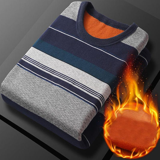 WTEMPO Men Pullover Round Neck Striped Shirt Winter Cashmere Padded Warm Shirt Soft and Comfortable Pullover