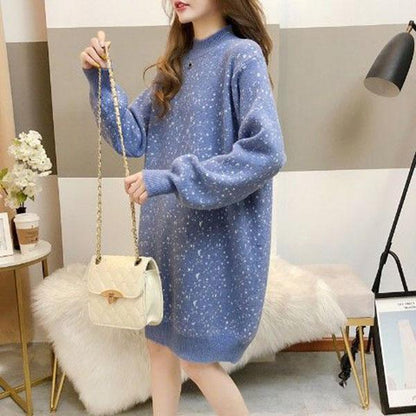 Autumn and Winter Casual Loose Dress Mid-length High-neck Thick Sweater Dress Large Size Knitted Female Base Dress