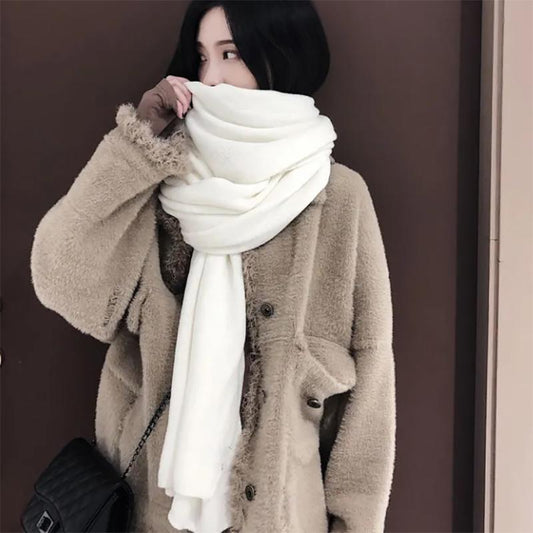 Korean Solid Color Knitted Wool Scarf Women Thickening Warm Scarf All-match Scarves