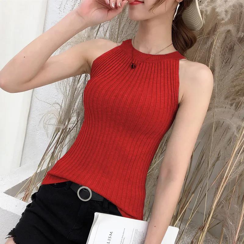 Summer Ice Silk Knitted Suspenders Plus Size Women's Bottoming Vest Solid Color Versatile Sleeveless Top Circle Neck Camis