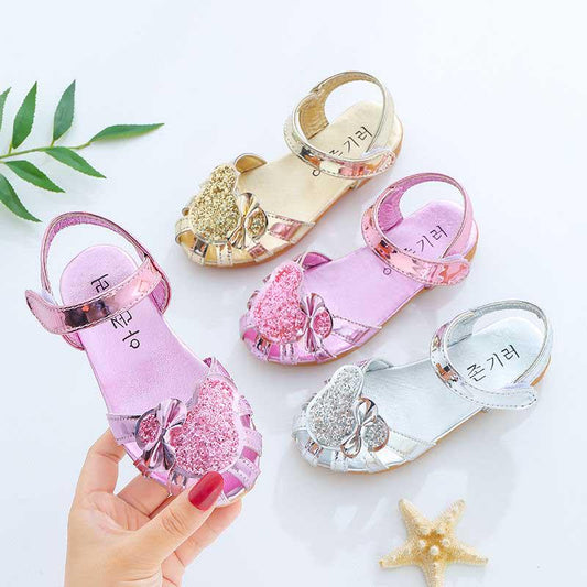 Summer Girls Flat Sandals Flash Children Girls High Heels Bow Leather Shoes Kids Dance Shoes Princess Wear-resistant Non-slip Sandals Size 21-36