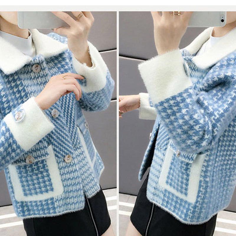 Autumn and Winter Korean Style Coat Loose Houndstooth Knitted Cardigan Lapel Long-sleeved Short Sweater