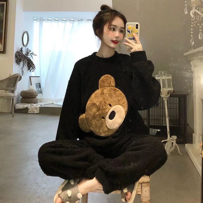 Women's Winter Thick and Velvet Korean Pajamas Suit Fashion Flannel Cartoon Outer Wear Cute Sweet Home Service