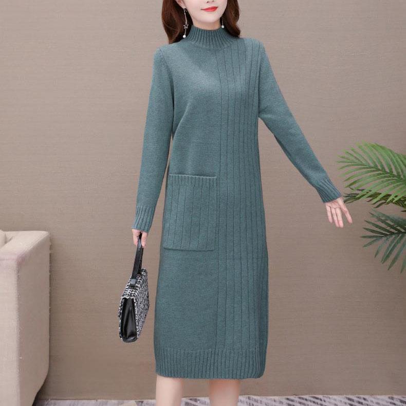 Autumn and Winter Mid-length Knitted Dress Women's Pullover Solid Color Thickened Half High Collar Bottoming Knitted Dress