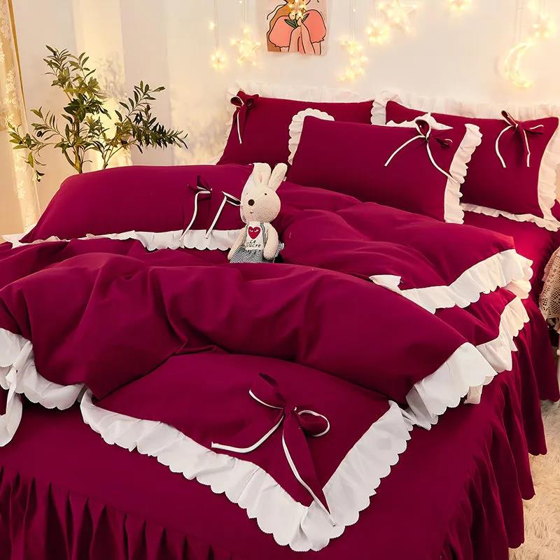 Korean Version of Solid Color Lace Bowknot Bed Skirt Four-piece Bedding Sanding Bed Linen Duvet Cover Double Bed