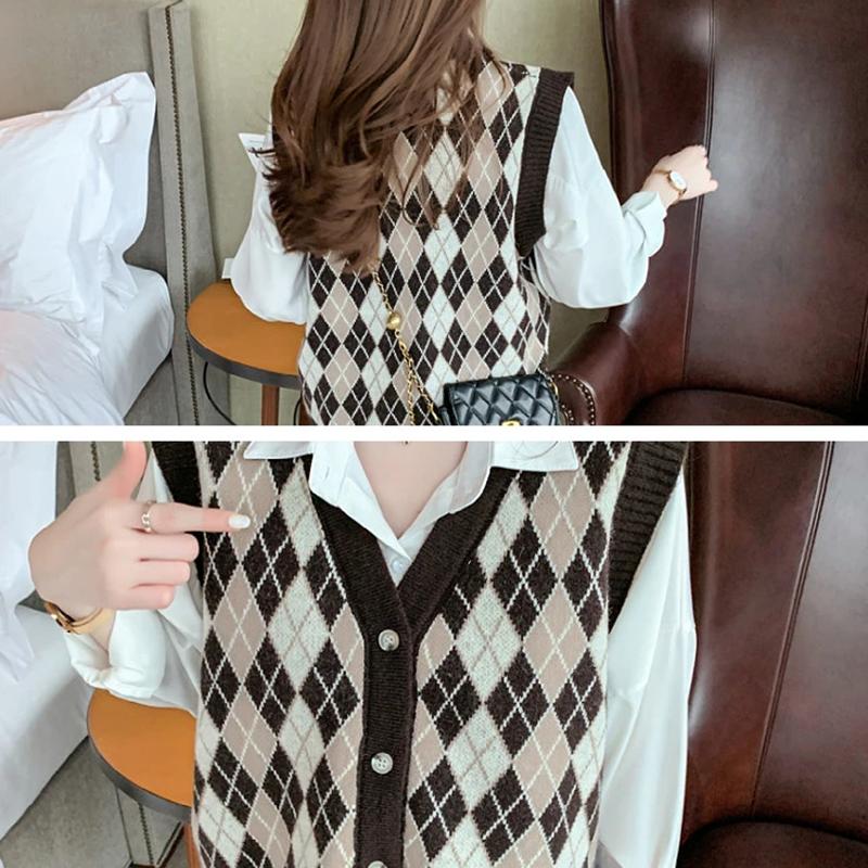 Women's Autumn Sweater Art British Style Hit Color Geometric Knitted Sweater Vest V-neck Loose Button Sleeveless Cardigan Waistcoat College Style