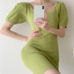 2021 New Short Sleeve Solid Vintage Women Dress Korean Knit Stretch Waist Elegant Dresses O Neck Bodycon